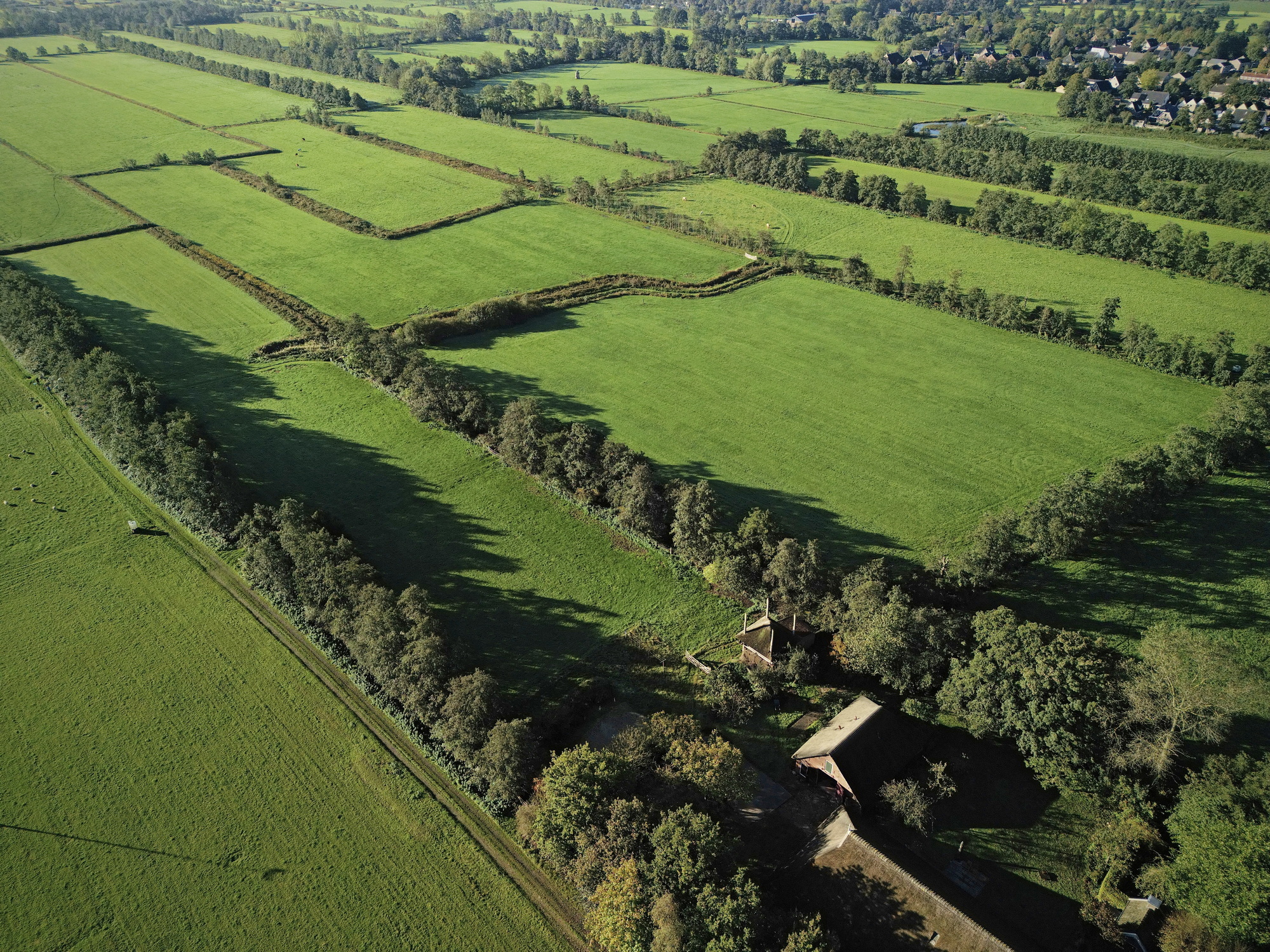 Dronefoto van het erfgoed Rikkerda met rechtsboven Lutjegast, met rechtsonder boerderij Rikkerda. Foto: ©Jur Kuipers.